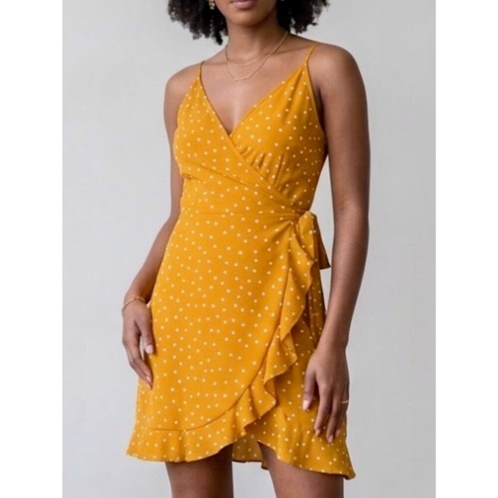 NEW Retro Mustard Yellow Polka Dot Surplice Ruffle Dress Size Medium